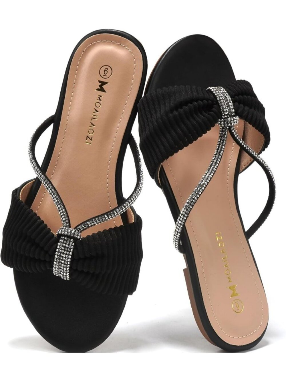 Women's Black Rhinestone Strappy Slides With Soft Memory Foam Insole Flat Sandal